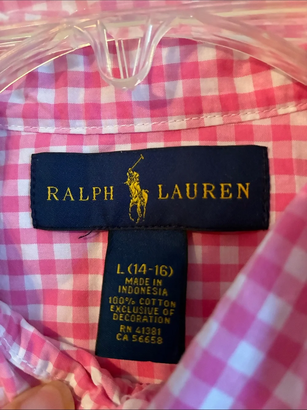 Ralph Lauren Kids pink & white gingham plaid cotton button down shirt Sz L 14-16